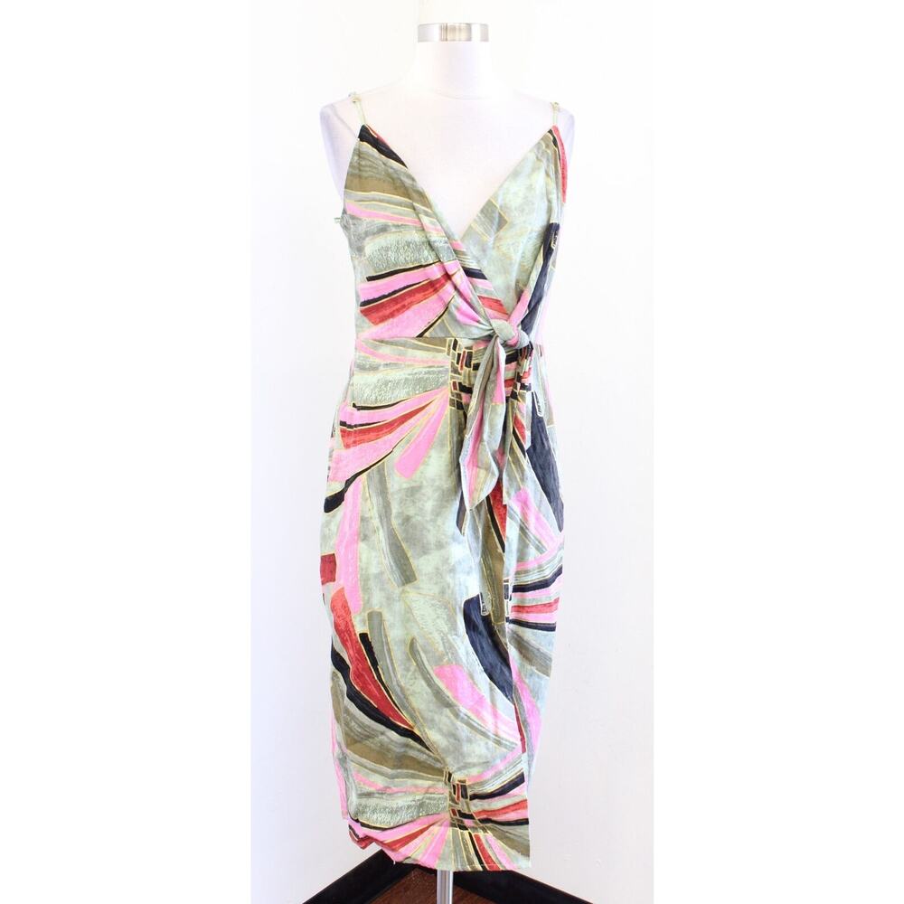 Jason Wu Abstract Printed Linen Blend Faux Wrap Dress Green Sz 6 Tropical Summer